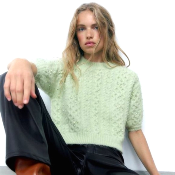 Zara Pearl Knit Crew Neck Sweater Top - Picture 2 of 10